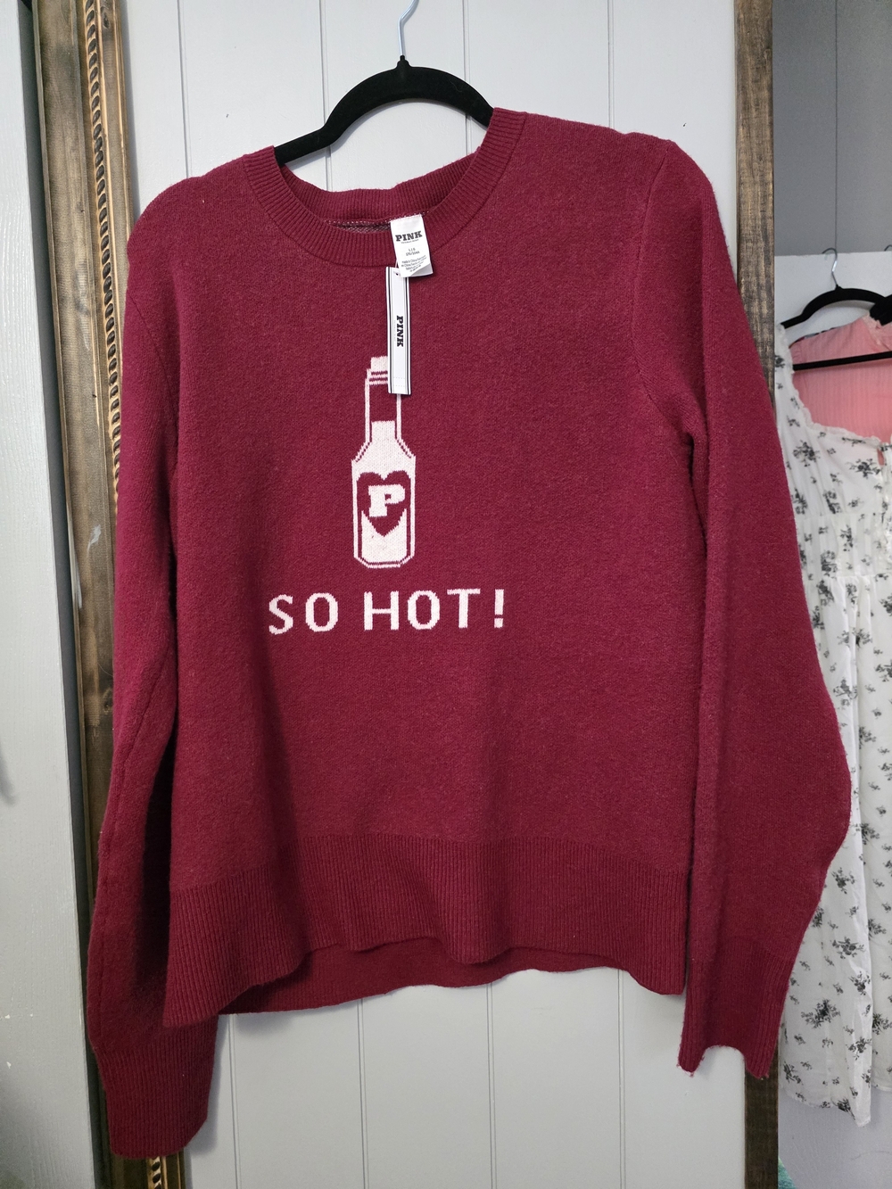 PINK Victoria's Secret Burgundy Crewneck Sweater with "SO HOT!" Graphic